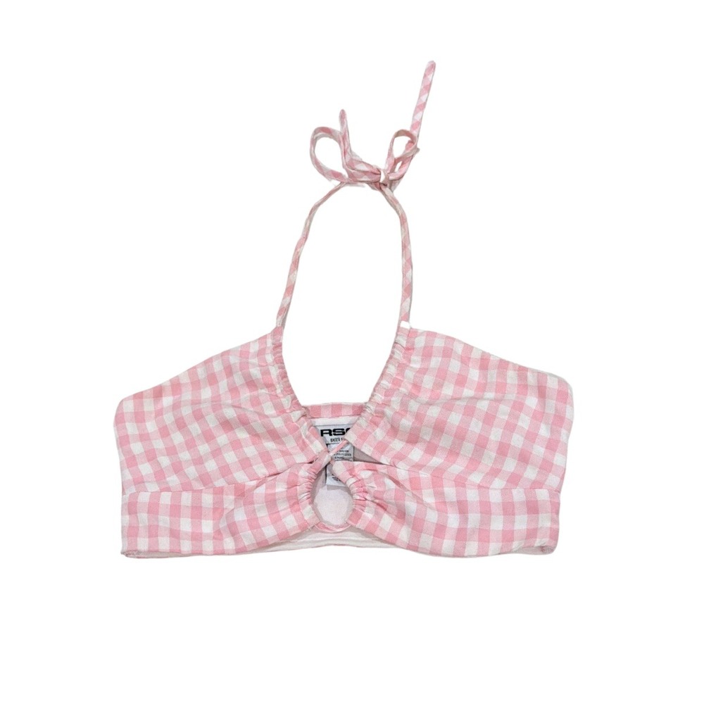 RSQ Pink Gingham Halter Crop Top Ruched Checkered Size XS-S